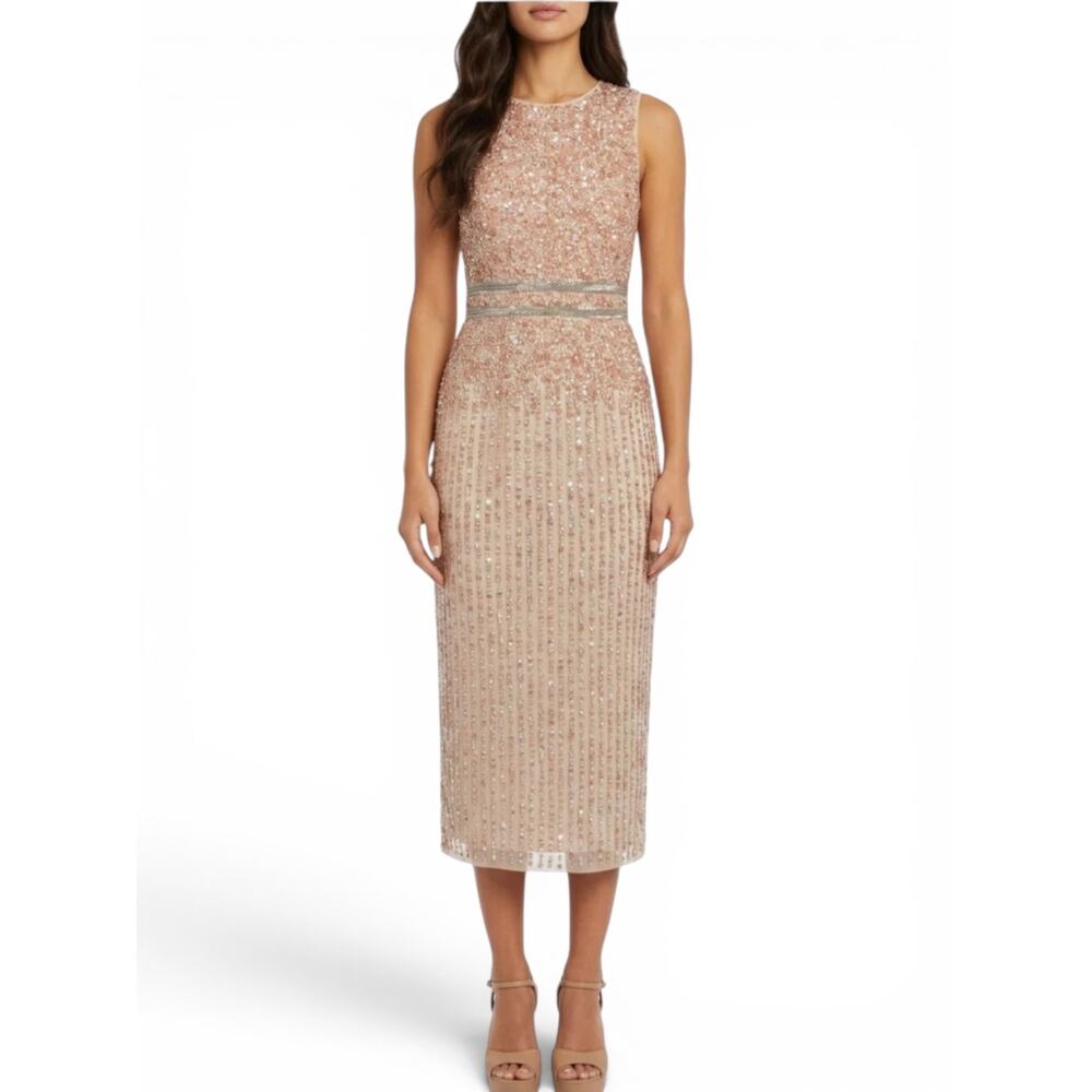 Mac Duggal Nude‎ Champagne Beaded Sequin Midi Sheath Cocktail Dress NWT Sz 8